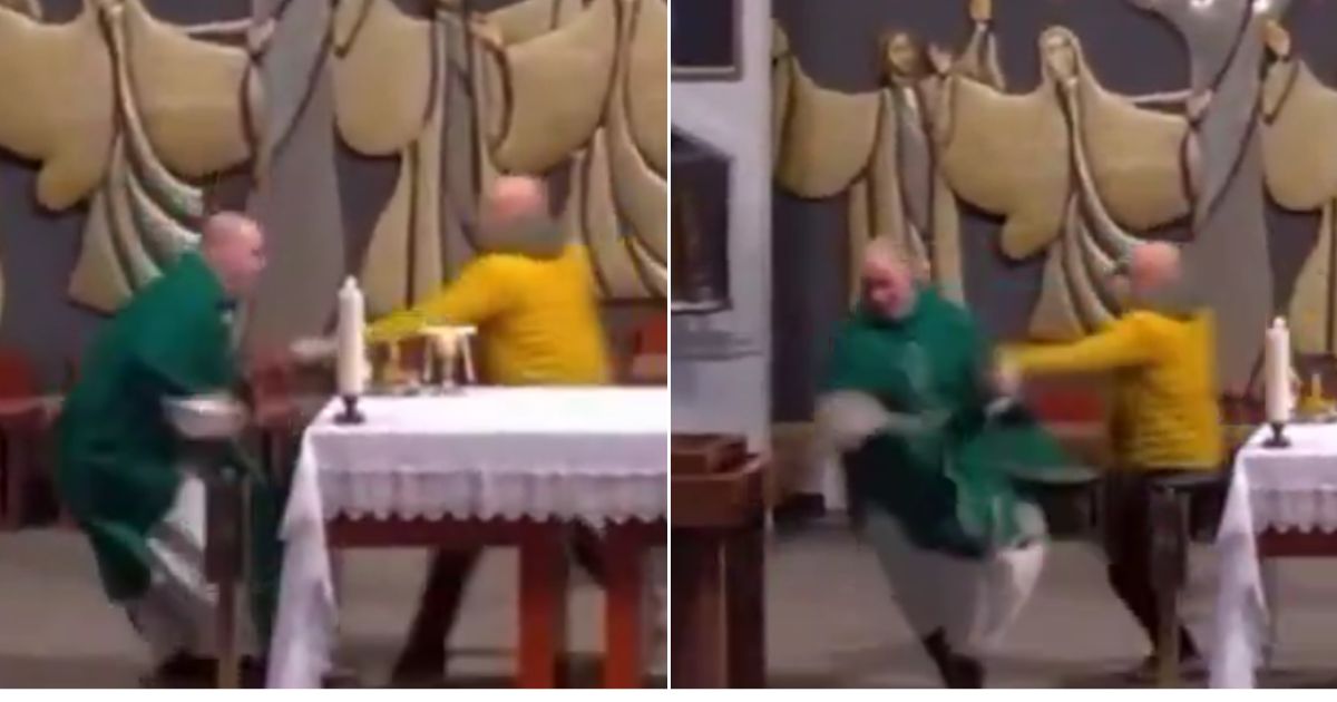 A man in a yellow jacket approached the priest during Mass, left, but the priest escaped harm by fleeing, right.